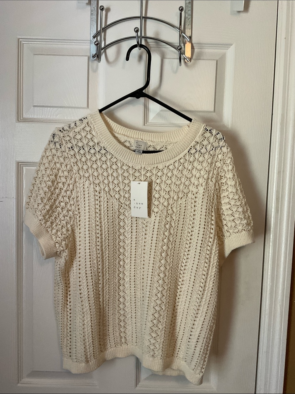 A New Day Women Crochet Eyelet Casual Neutral Short Sleeves Sweater Top Size 1X